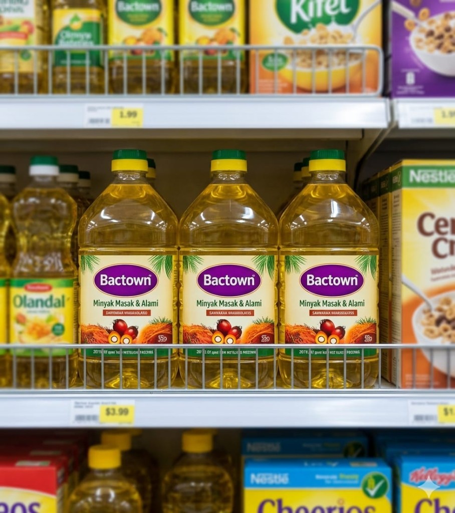 Bactown natural cooking oil on supermarket shelves.